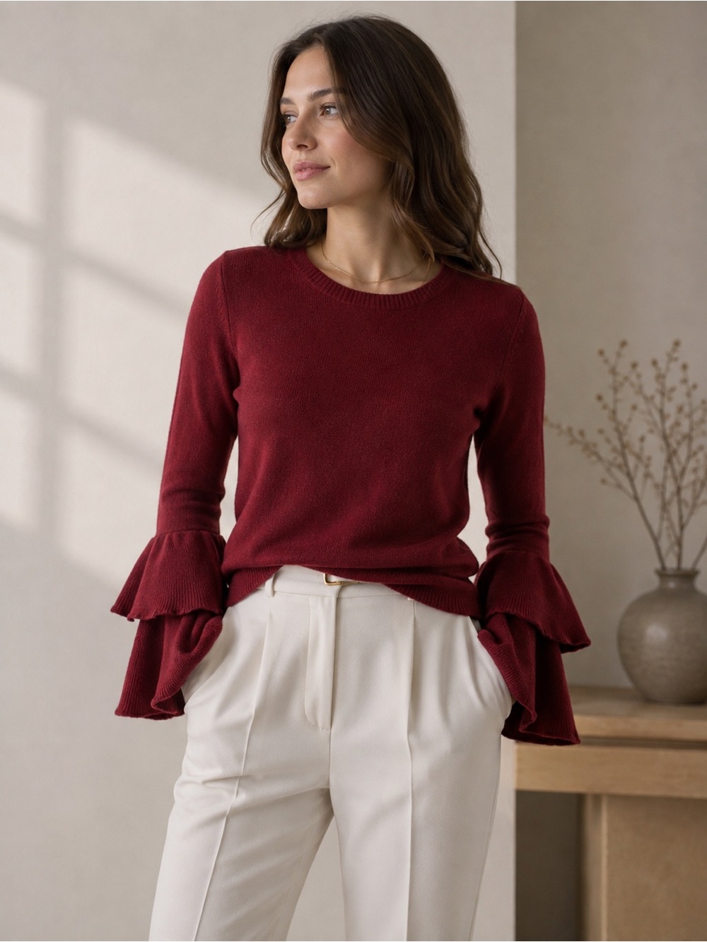 J. Crew Mercantile Burgundy Wool Blend Bell Sleeve Quiet Luxury Sweater Size XS